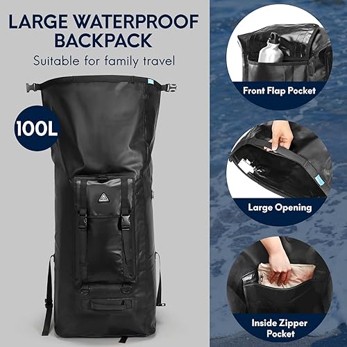 Miniatura 5 de Haimont Mochila enrollable 100% impermeable de gran capacidad IPX7, bolsa seca con bolsillos y válvula de aire, kayak, campamento, 60100L