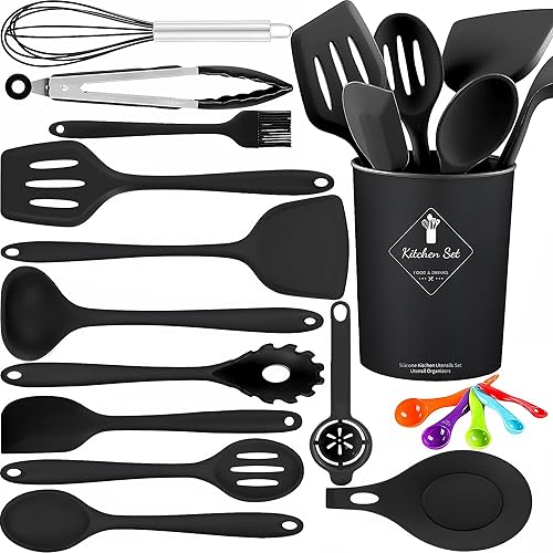 Juego de utensilios de cocina de 18 piezas, juego de utensilios de cocina con soporte para utensilios, juego de espátula de silicona resistente al