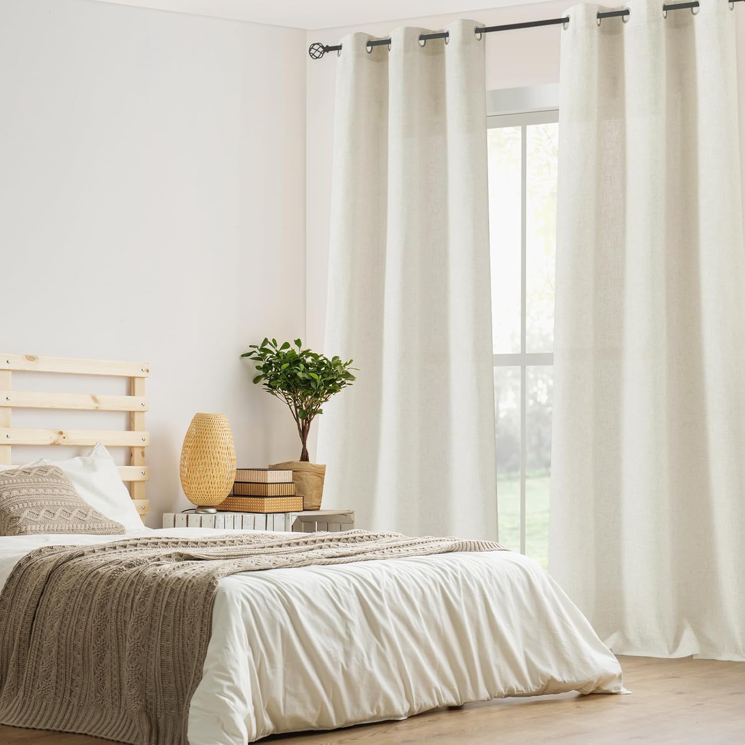 Natural Linen Blended Curtains for Living Room Bedroom, Linen Textured Semi Sheer Boho Curtain Panels, Light Filtering Grommet Top Window Treatments Set,2 Panels 40 x 95 Inches