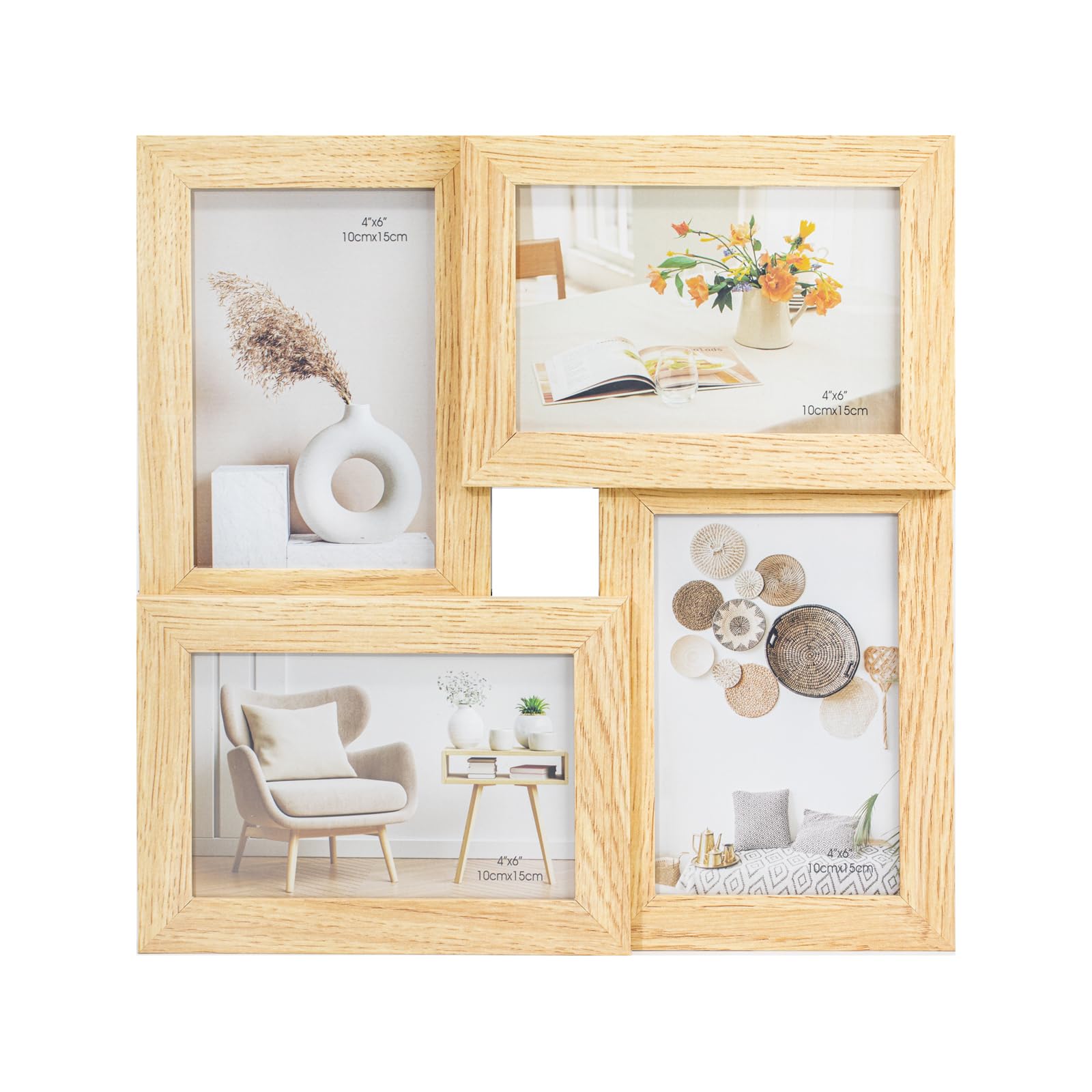 Tutee Cornice Per Foto, Robusta Cornice in Legno MDF, Cornici Foto multiple da Parete, Portafoto da Parete Multiplo, Decorazioni Murali, Cornici 10x15cm 4PZ (Legno Chiaro)