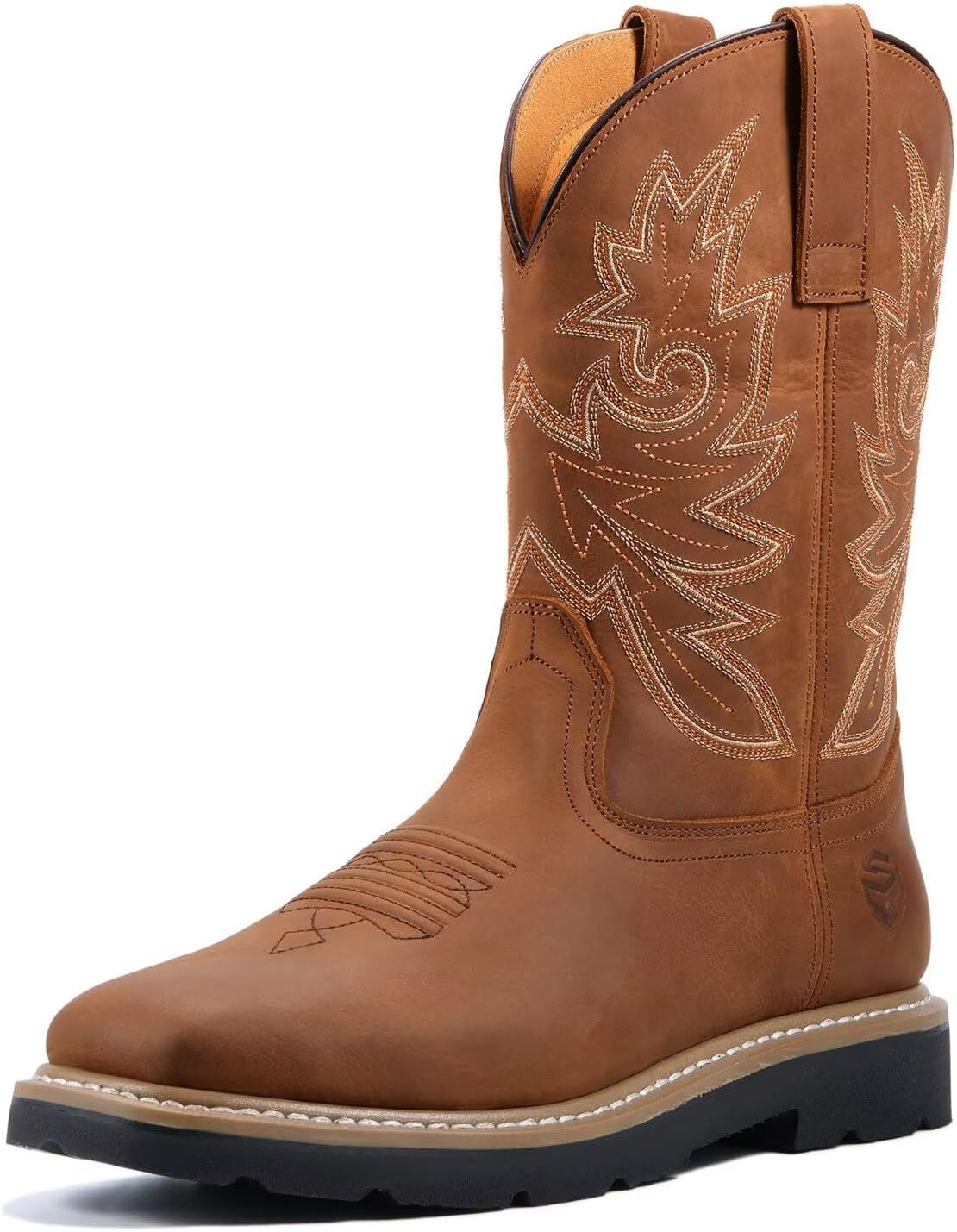 SUREWAY Men's Western Cowboy Boots-Steel Toe,Waterproof Square Toe Work Boots for Men,Comfortable & Durable,Oil/Slip Resistant,Thicker Leather,Rubber Sole,Work Shoes With Embroidered