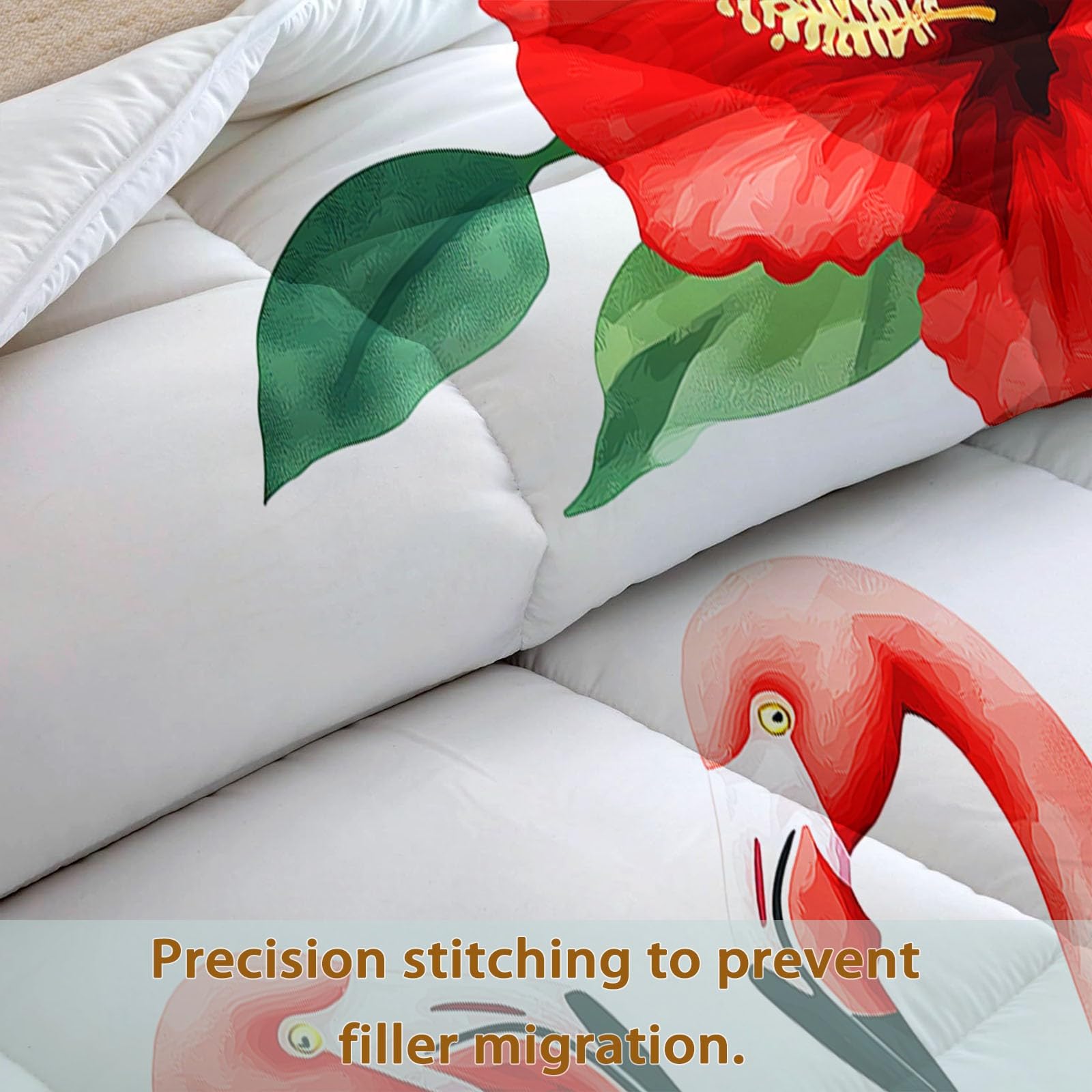Piumone Invernale Matrimoniale 220 x 240 cm Acquerello Animali Fiori Fenicotteri Trapunta in Ecopiuma 400 gr/mq, Caldo ed Elegante – Biancheria da Letto Anallergica – Set 3 Pezzi, Rosso E Verde
