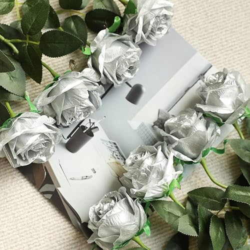 Miniatura 4 de Veryhome Flores artificiales plateadas, rosas de seda, ramo de boda de tacto real para el hogar, jardín, fiesta, decoración floral, 10 unidades