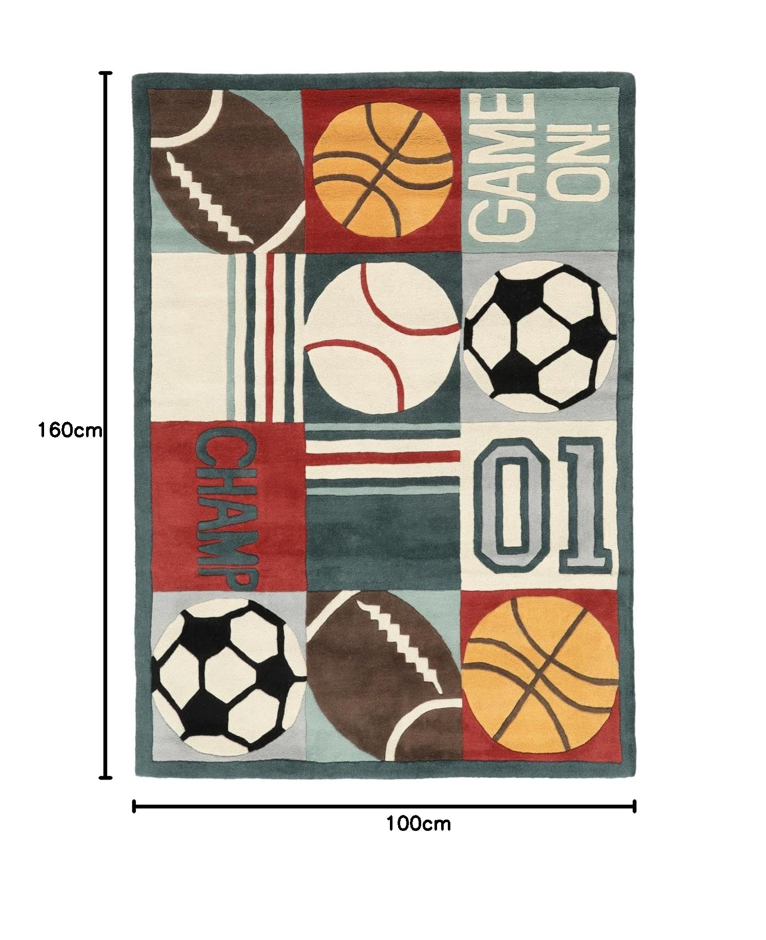 RugVista Game On Kinderteppich, 100 x 160 cm, Multi/Hell Blau | Rechteckig, Niedriger Stapel, Nur chemische Reinigung, Ohne gefährliche Chemikalien, Kinderzimmer