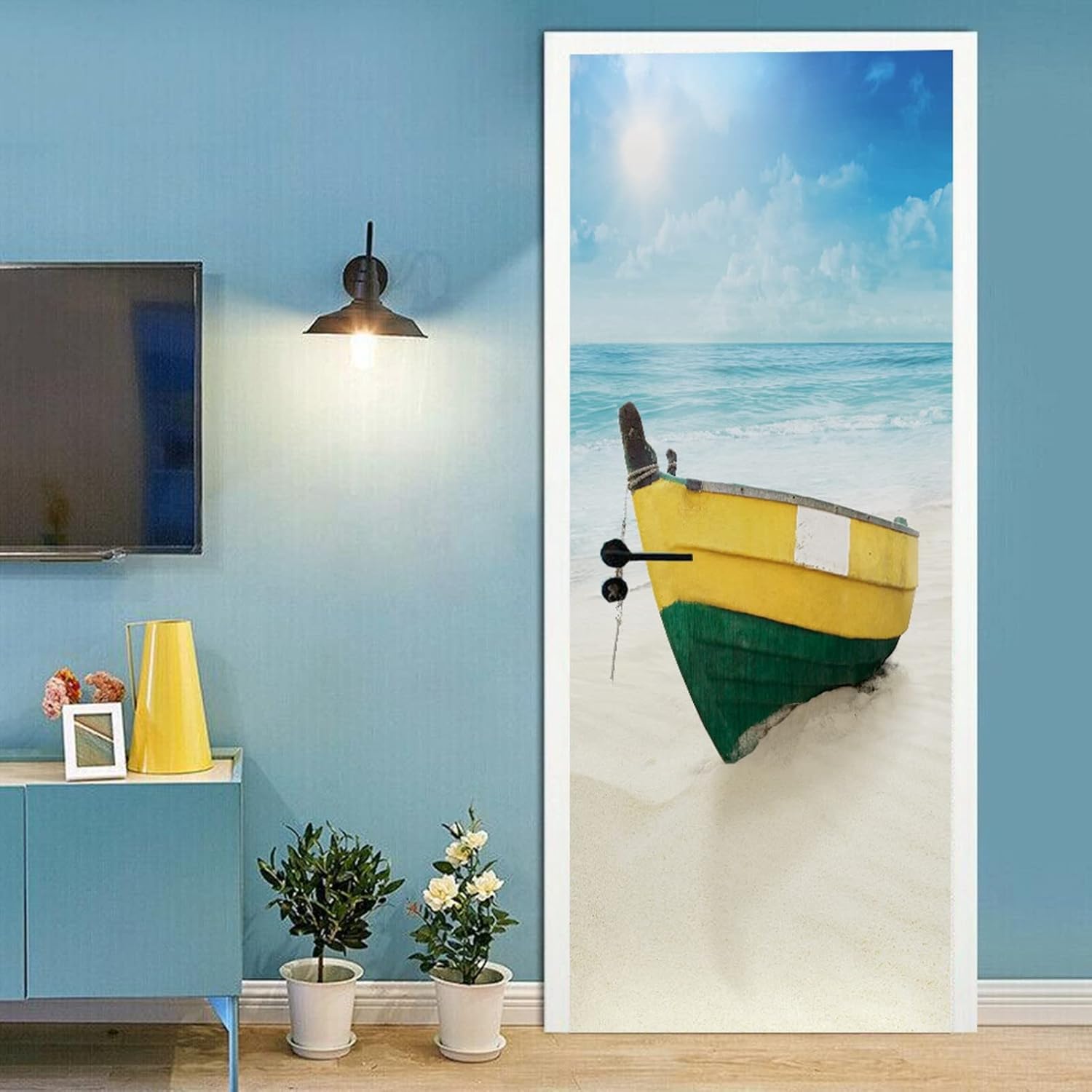 A.Monamour 3D Door Stickers for Interior Doors Boat On The Beach Vinyl Waterproof Self Adhesive Door Mural Decals for Bedroom Office Bathroom 77 x 200 cm