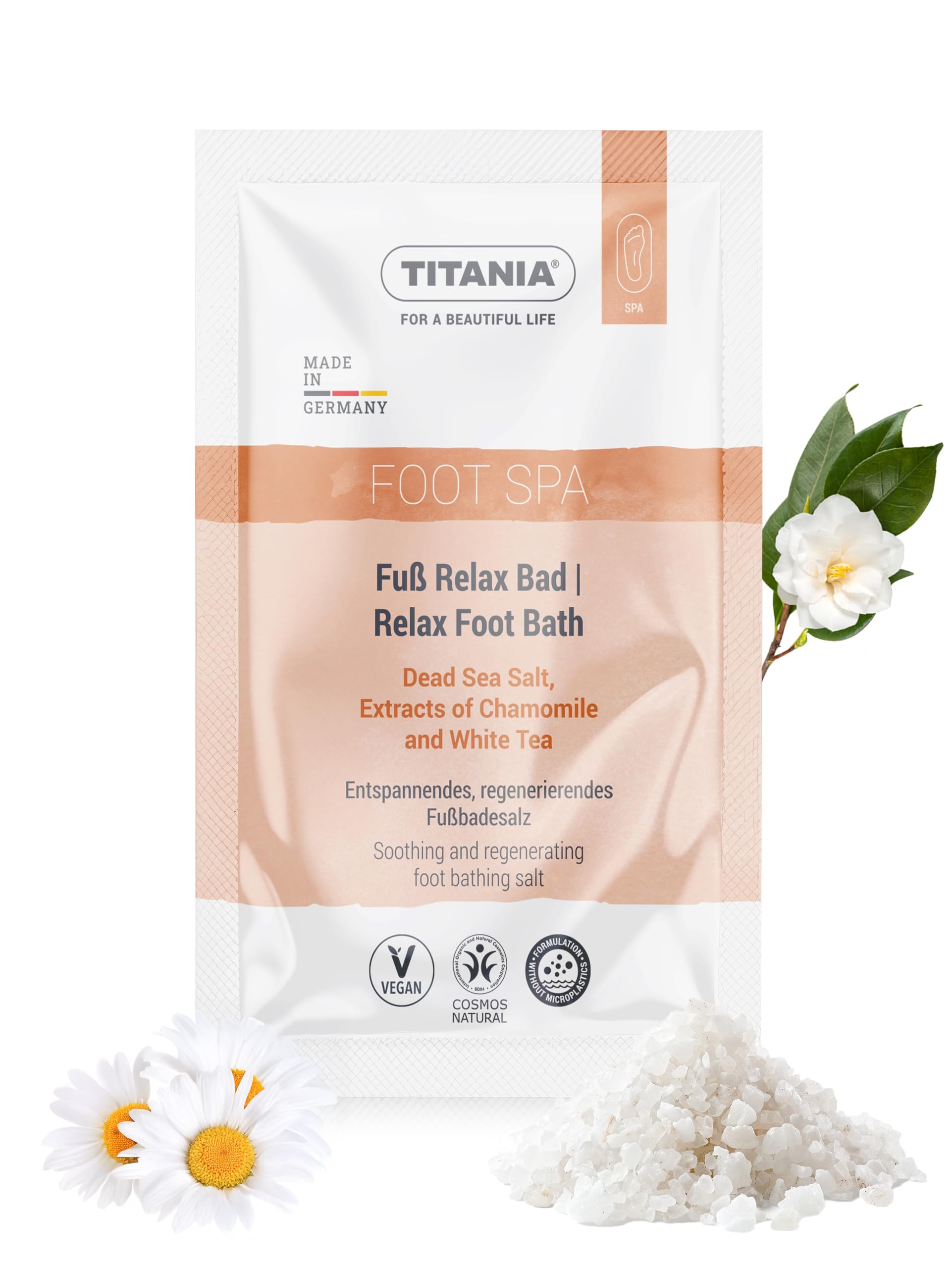 TITANIA® Sól do kąpieli stóp, 40 g, z ekstraktem z rumianku i białej herbaty, naturalna pielęgnacja stóp, do relaksu i regeneracji, wegańska, bez mikroplastiku, testowana dermatologicznie,