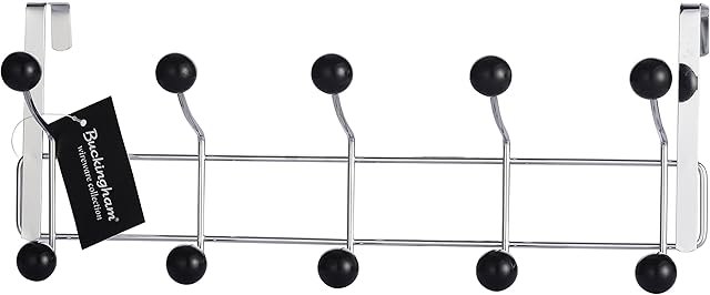 Buckingham 30018 Door 10 Hook Hanger, Chrome Plated, Black Plastic Balls, Premium Quality
