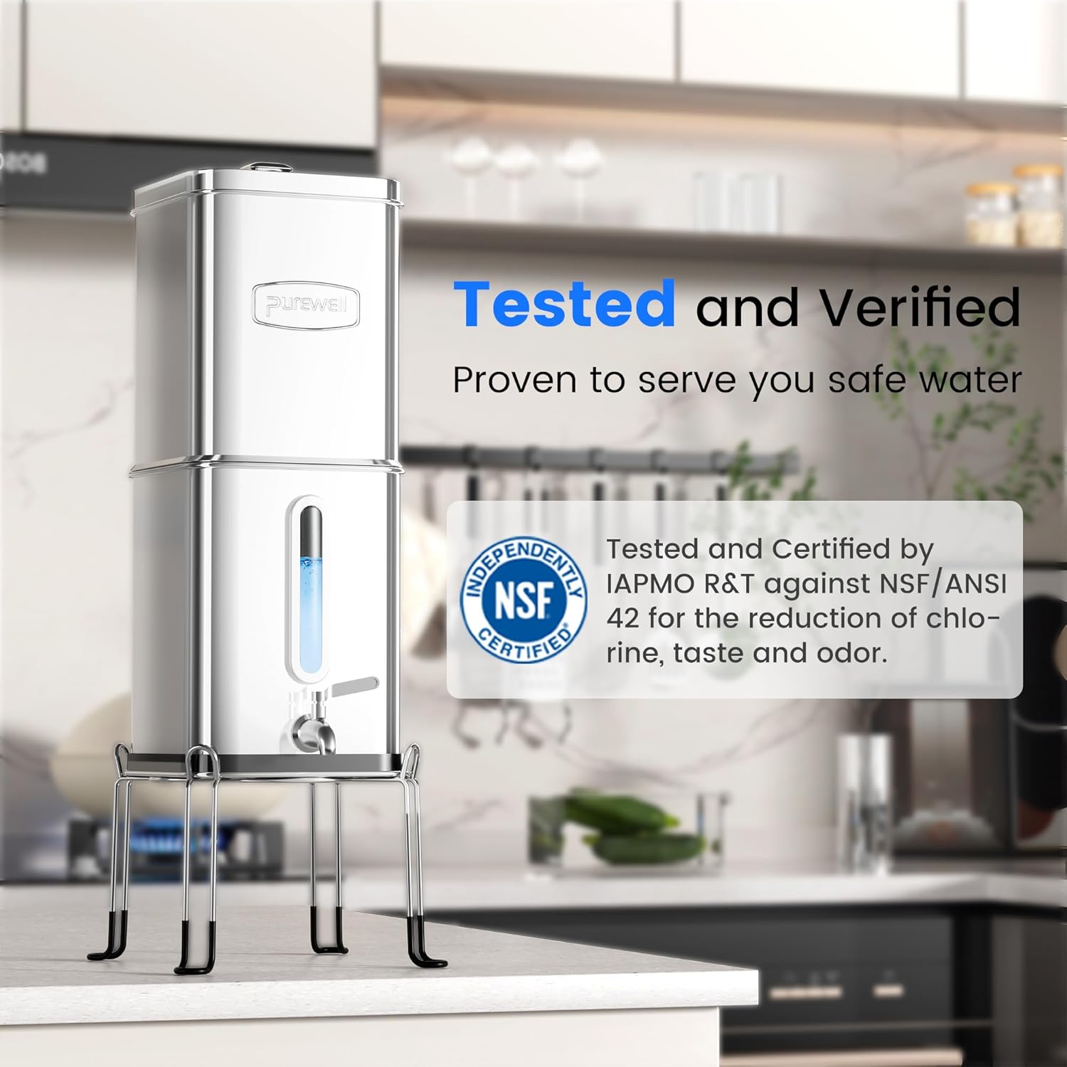 Purewell Square Series 3-Stage Gravity Fed Water Filter System with Smart Timer, Stainless Steel Countertop System with Water Level Window, 2 Upgraded Filters and Stand, Reduce 99% Chlorine, SQ-2.25G - Image 2