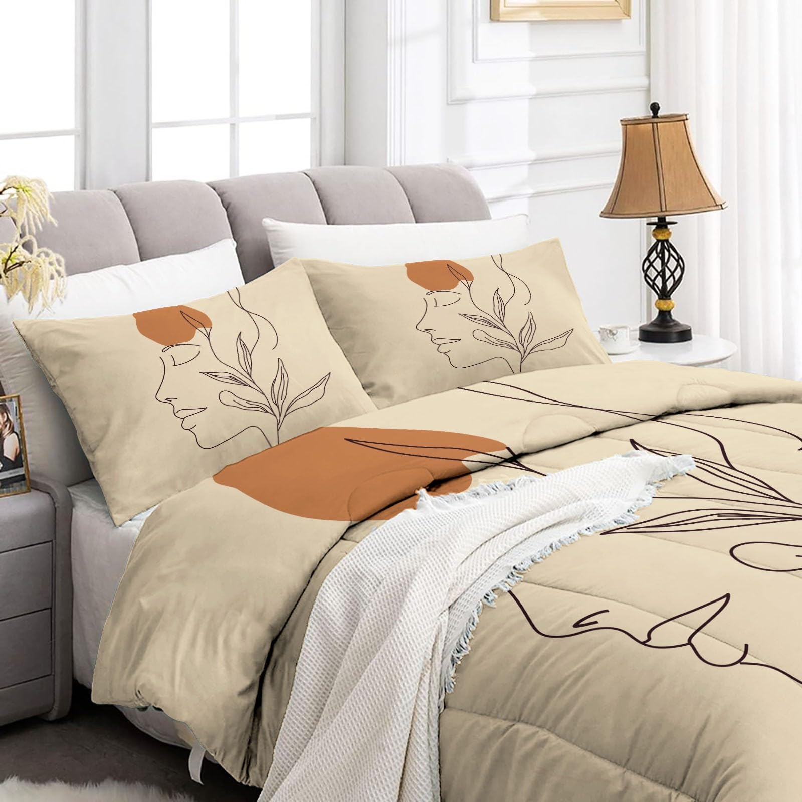 Bettdecke Ohne Bezug 220x240cm, Beige 4 Jahreszeiten Waschbare Bettdecken Minimalismus, Abstrakt Gesicht Pflanze Tagesdecke Warme Steppdecke - Weiche Wendebettwäsche mit 2 Kissenbezug