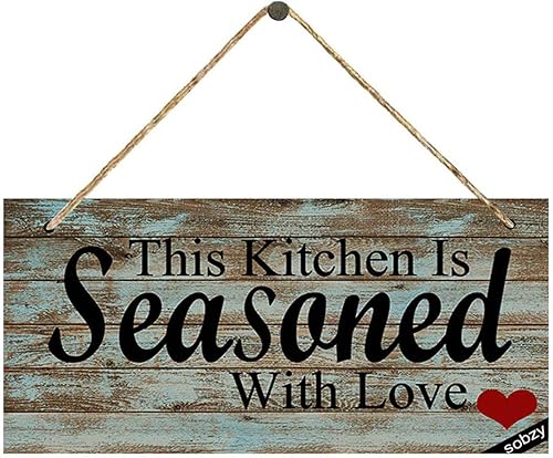 Sobzy Letrero decorativo de madera rústica con texto en inglés This Kitchen Is Seasoned With Love Cartel de pared de 5.9 x 11.8 pulgadas