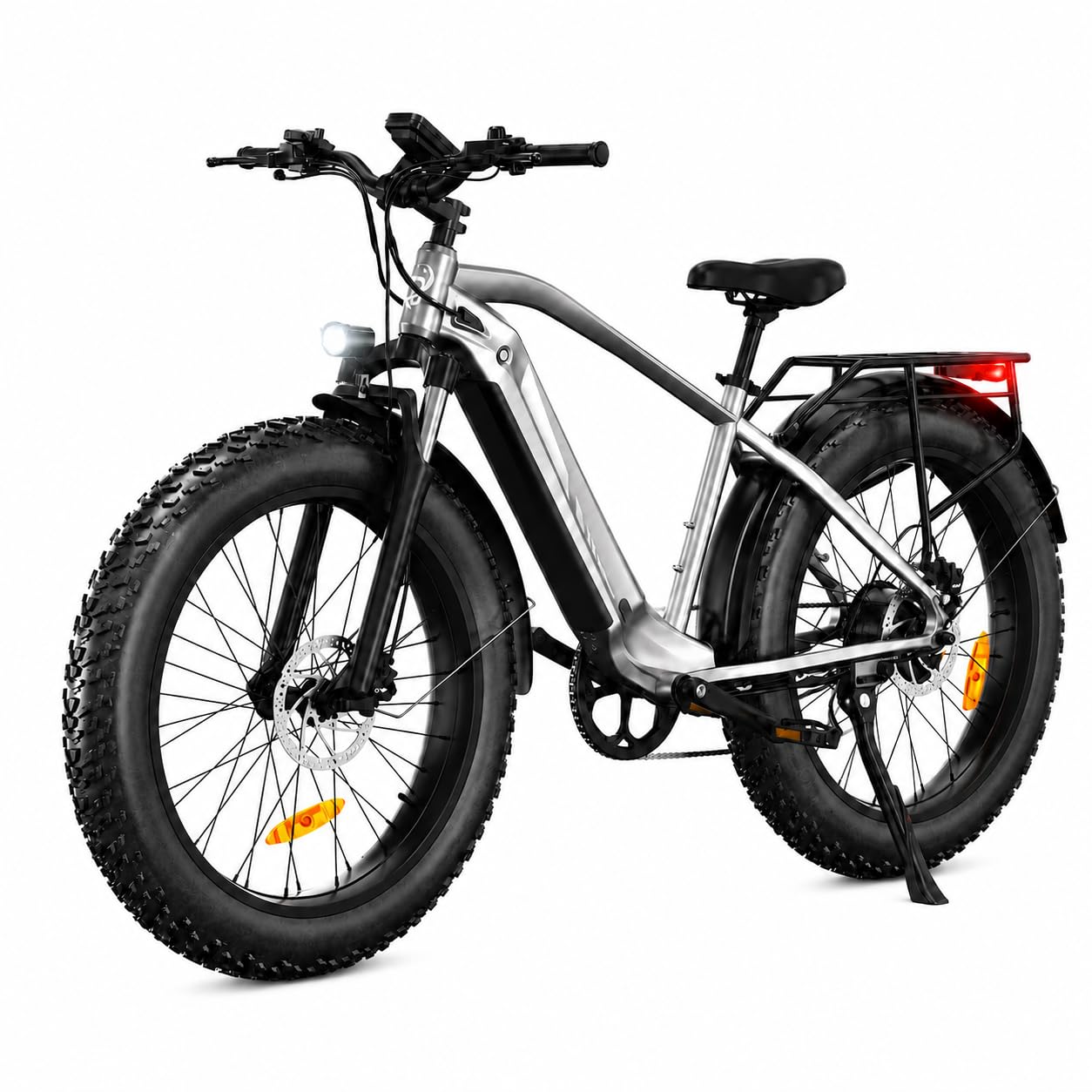 Bodywel D6 Bici Elettrica Adulto, 26x4 Fat Mountain E Bike Tutti i Terreni, Batteria 48V 15Ah, Motore 250W, 7 Velocità, Forcella Ammortizzata, Freni a Disco Idraulici e Telaio in Lega (Argento)