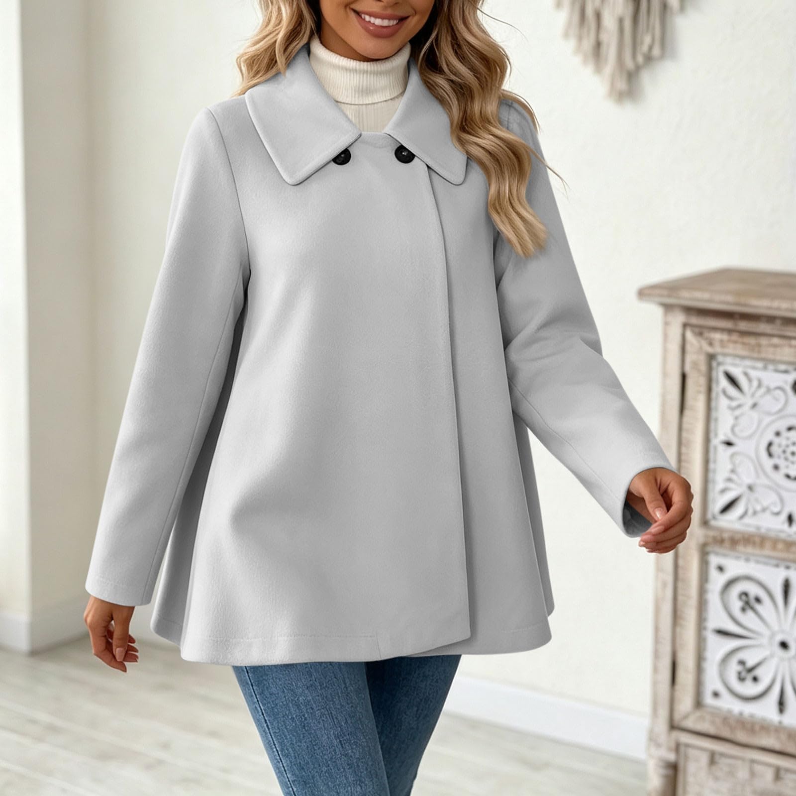 Wollmantel Damen Winter Wollwalk Jacke Mittellang Wool Coat Casual