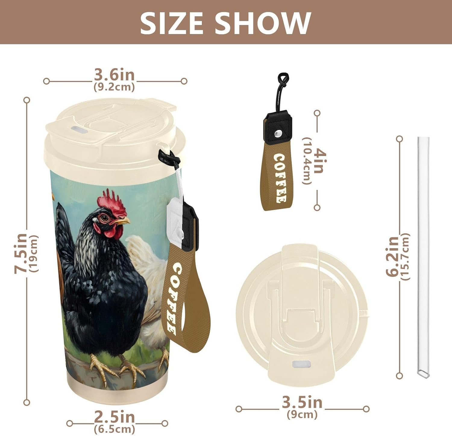 Chickens Rooster Fence Insulated Coffee Mug with Straw & Flip Lid, 16.9oz Iced Tumbler Cup, Double Wall Vacuum Mug for Travel Office