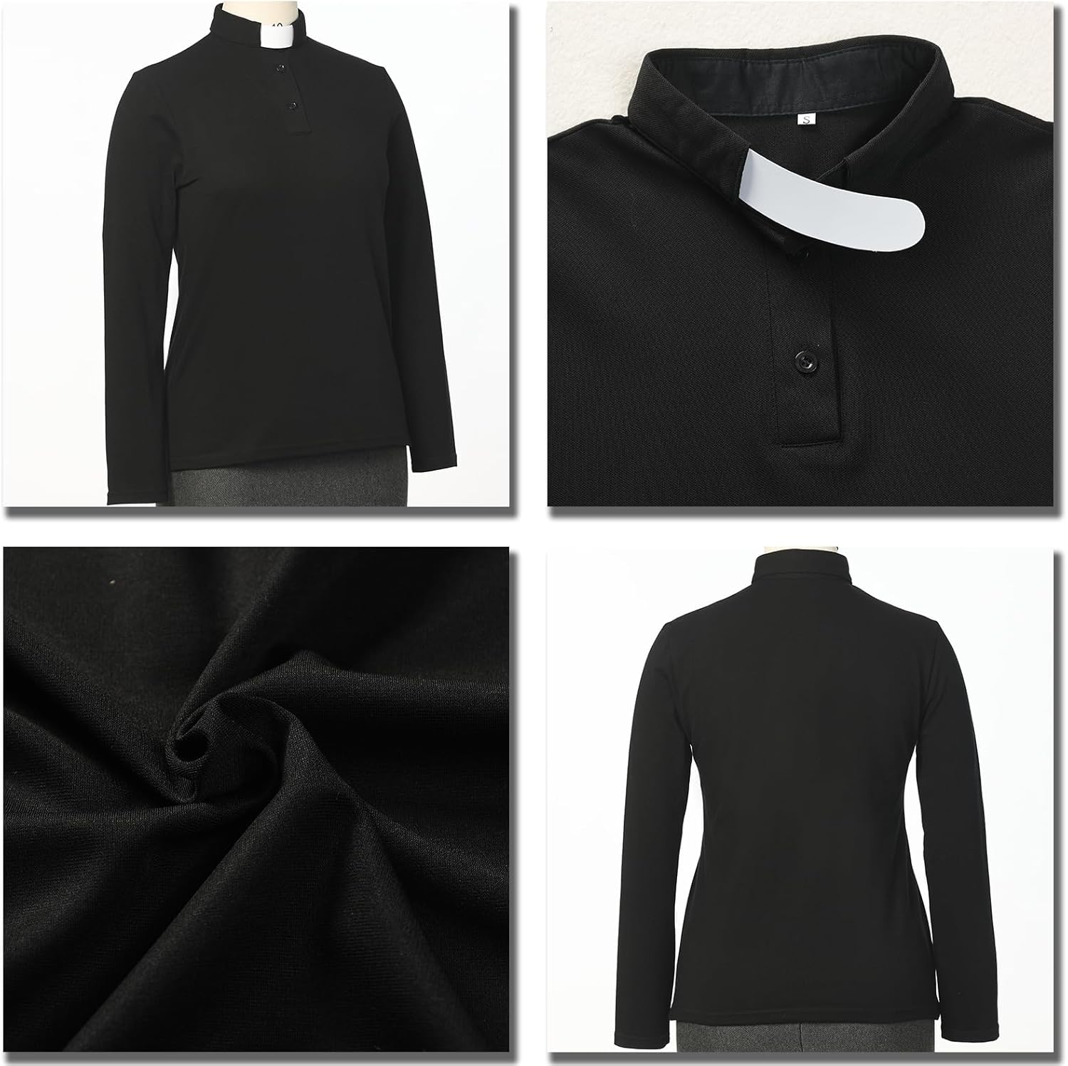 Womens Clergy Shirt Tab Collar Long Sleeves Polo Shirt Clergy Button Down Blouse