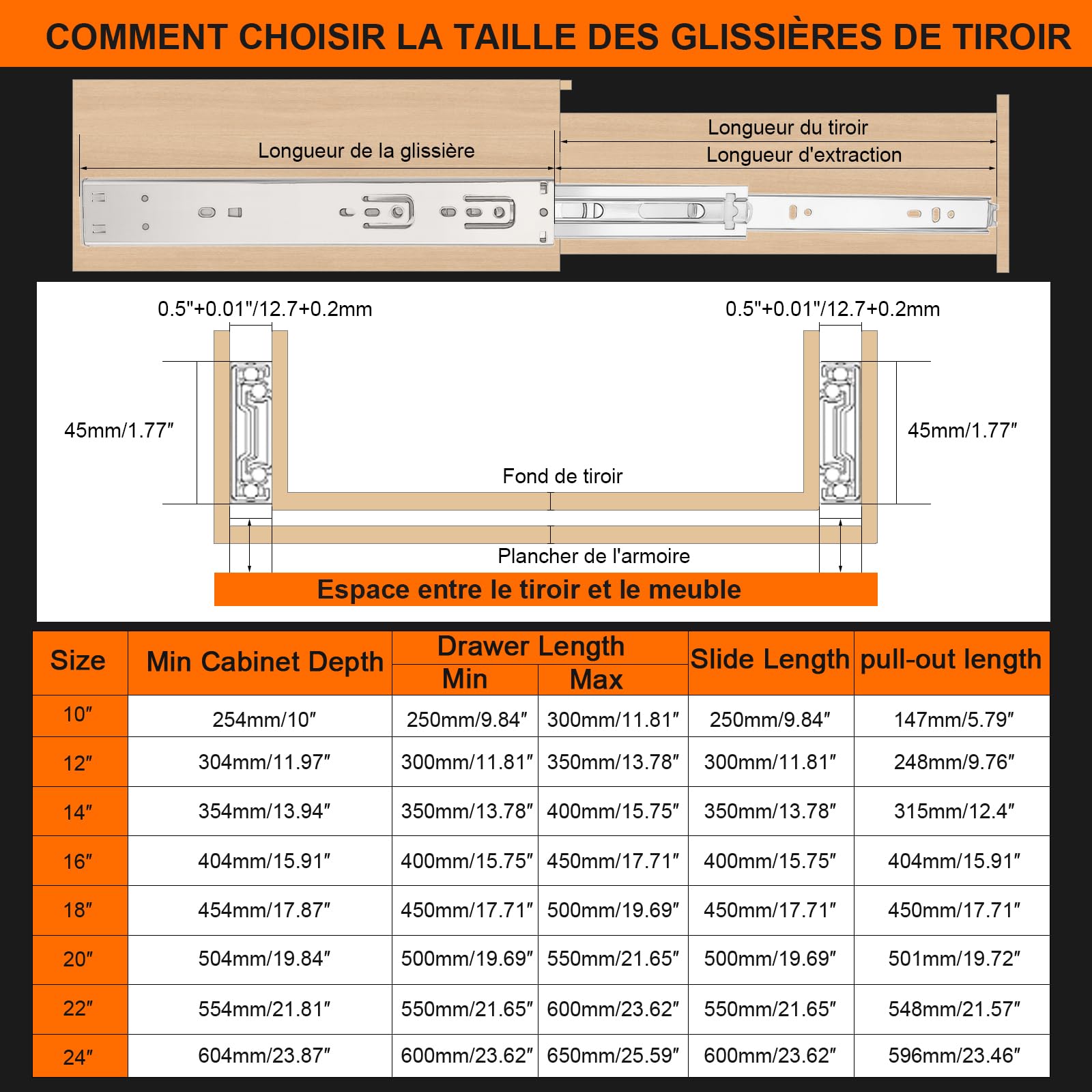 glissières de tiroir 4 paires (12 pièces),45cm glissiere pour tiroir, amortisseur coulisse tiroir avec roulements à billes, montage latéral,extension complète, capacité de charge 45 Kg,argenté