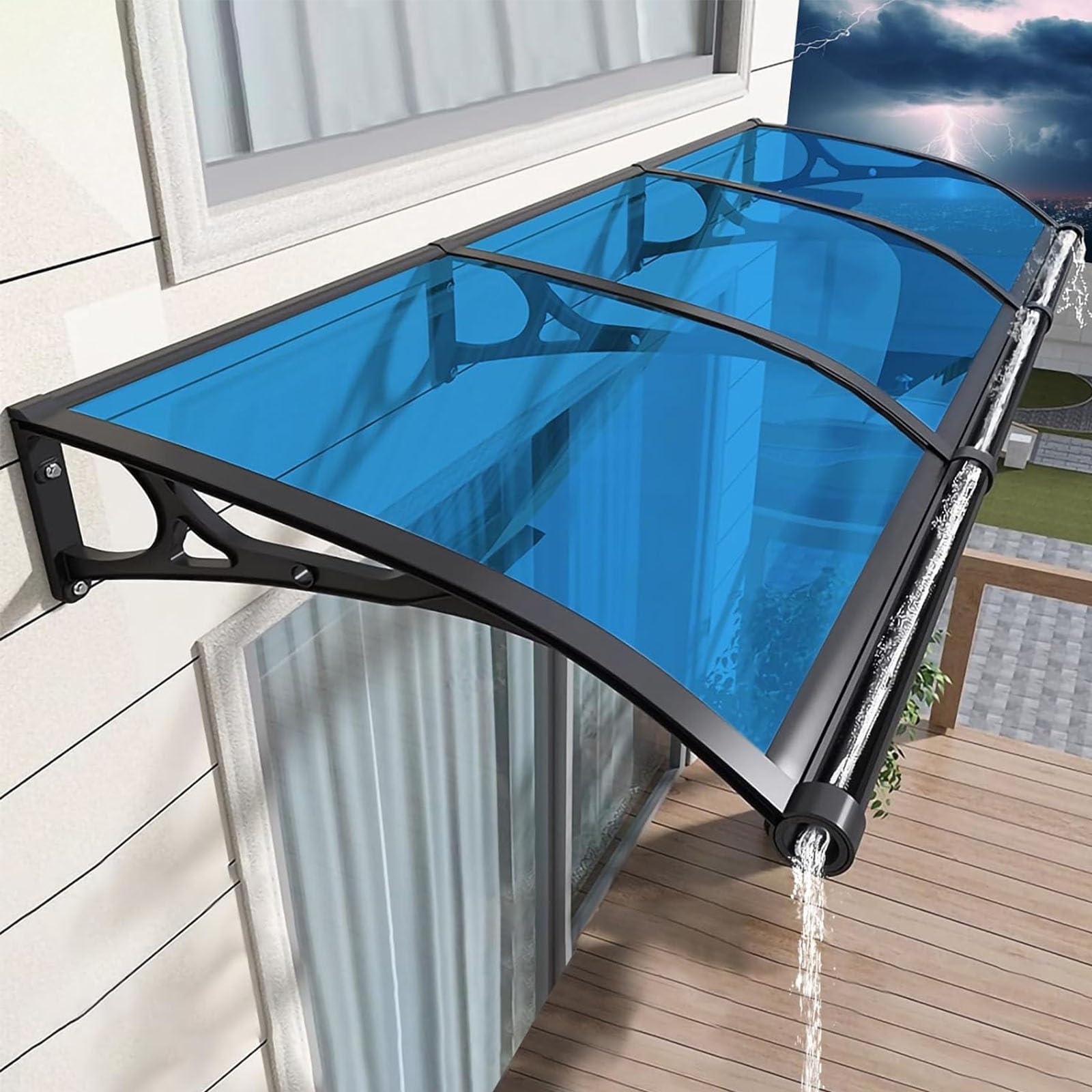 GJMSSMY Outdoor Door Canopy with Bracket - UV & Rain Protection Polycarbonate Aw for Windows & Doors (Blue 31"x110") - Weatherproof Covering