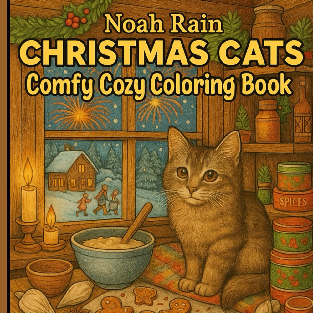 Noah Rain Christmas Cats: Comfy Cozy Coloring Book: A Cozy Holiday Coloring Collection of Cats, Kittens, Cabins, and Christmas Scenes