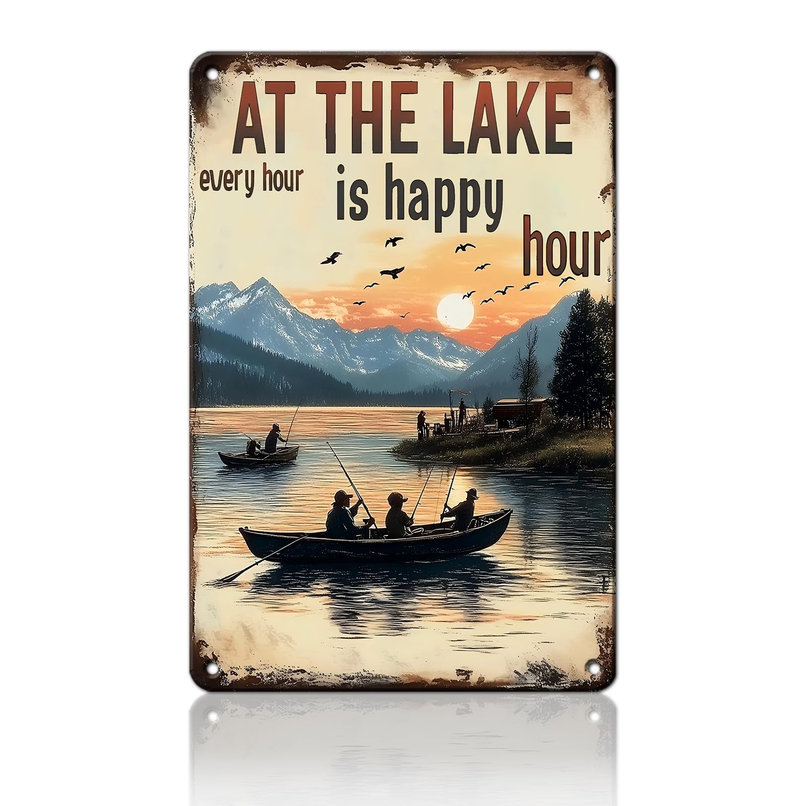 Anceky At The Lake Every Hour Is Happy Hour Sign Funny Metal Tin Sign Retro Wall Decor for Cafe Bar Garage Kitchen Bedroom 12×8 Inch
