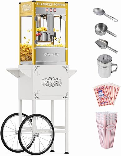 ROVSUN Máquina de palomitas de maíz estilo cine con carrito y ruedas, hervidor de 10 onzas que hace hasta 4 galones para hacer palomitas de maíz con