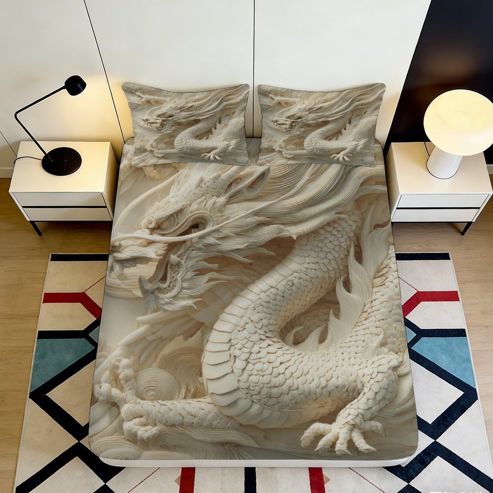 3D Printed Dragon Carving Fitted Sheet Microfiber Soft Durable 3D Printed Chinese Dragon Mattress Cover for Bedroom Dormitory Guest Room Protection 90x200x25cm