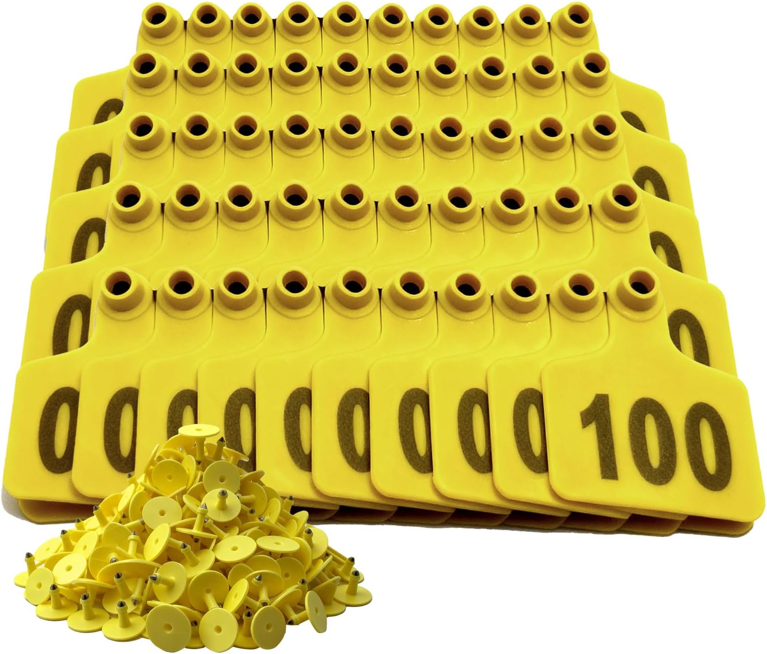100pcs Cattle Ear Tags Numbered 001-100, Laser Printed Livestock Ear Tags for Cattle, Calves, Sheep, Goats, Hogs - Fade Proof, Weather Resistant (Yellow)