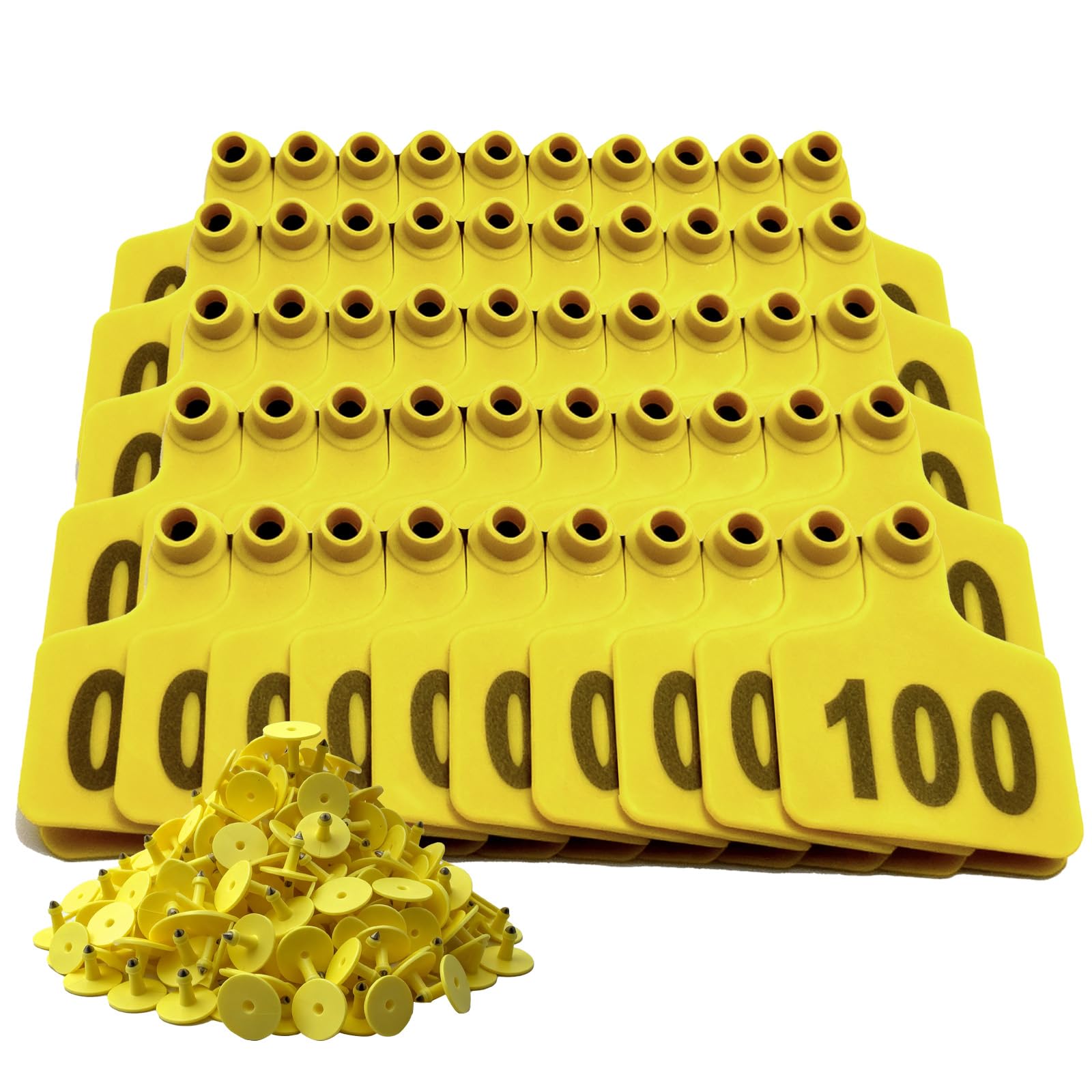 100pcs Cattle Ear Tags Numbered 001-100, Laser Printed Livestock Ear Tags for Cattle, Calves, Sheep, Goats, Hogs - Fade Proof, Weather Resistant (Yellow)