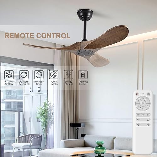 Miniatura 2 de FISHMIX Ventiladores de techo pequeños de 42 pulgadas sin luces, ventilador de techo de madera maciza sin luz con control remoto, inteligente y