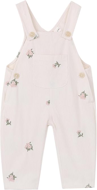 Baby Girl Overalls Corduroy with Floral Embroidery,Beige Toddler Jumpsuit Romper,Soft Overall for Girls 6 Months-3T