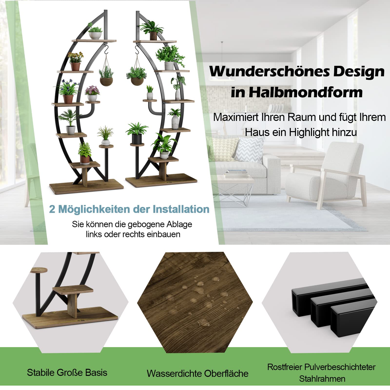 COSTWAY Soporte de metal para plantas de 6 niveles con forma de media luna, con 2 estantes pequeños y gancho superior, escalera para plantas, soporte para macetas de jardín, balcón, salón (marrón)