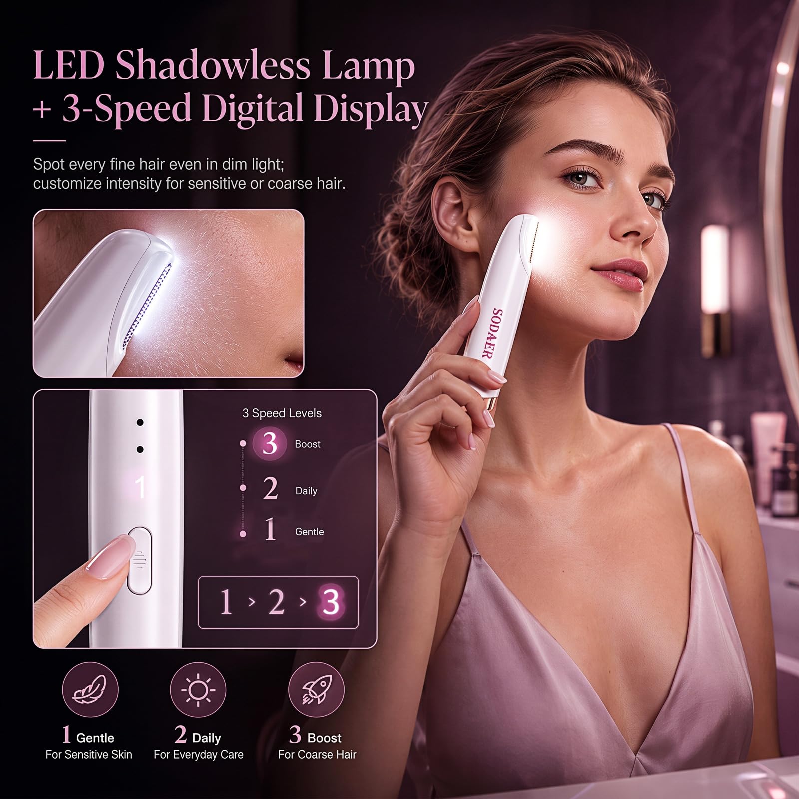 Sonic Dermaplaning Rasoir pour femme, épilateur facial avec lumière LED, blanc
