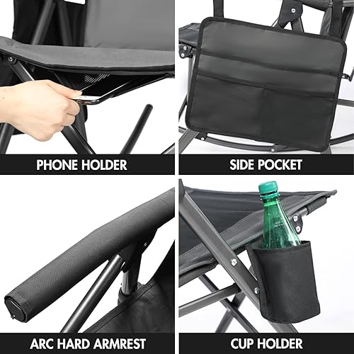 Miniatura 8 de PORTAL Silla mecedora plegable de gran tamaño, portátil, para exteriores, con respaldo alto, reposabrazos duros, bolsa de transporte, soporta 400