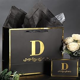 momoake Alphabet Birthday Gift Bag with Card and Tissue Paper for Men Women, 13 Large Black Gold Personalized Bridal Party Gift Paper Bag for Gifts Wrapping - (Letter D)