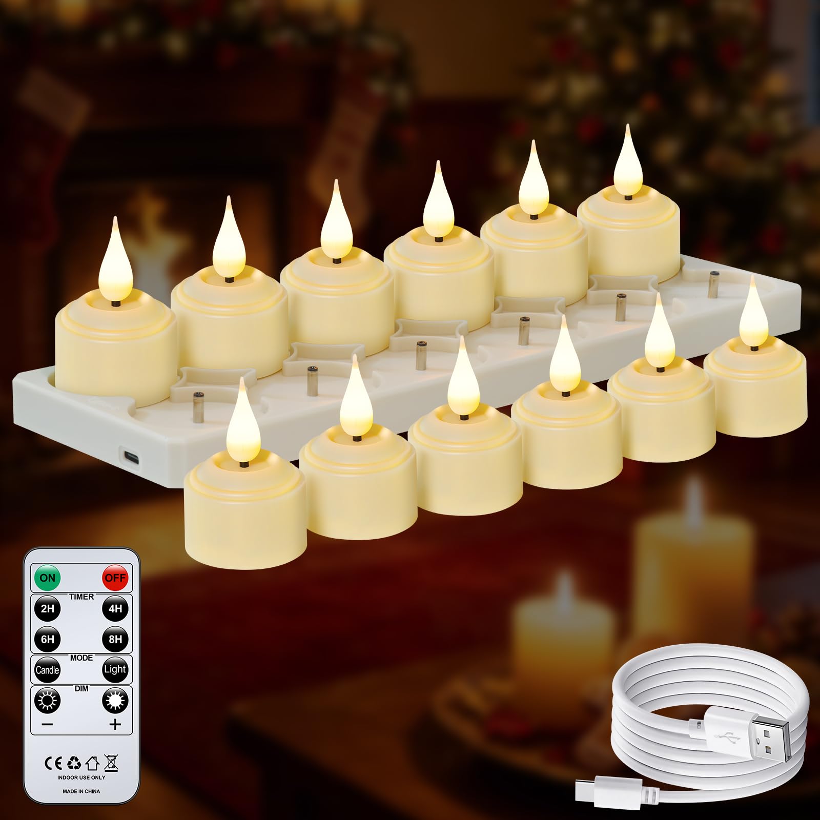 Nancia Lumini LED ricaricabili, 12 lumini a LED ricaricabili, lampeggianti con telecomando timer, con stazione di ricarica, candele a LED, altezza 5,5 cm, diametro 3,8 cm, cavo a 12 porte di tipo C