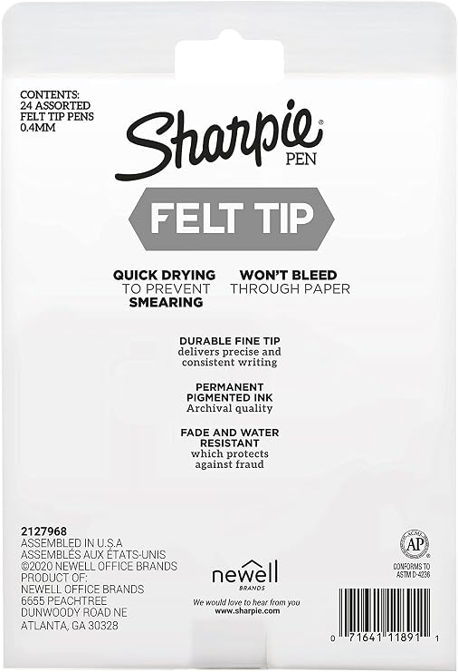 Sharpie Felt Tip Pens, Fine Point (0.4mm), Assorted Colors, 24 Count - Perfect for Journaling, Drawing, Arts & Crafts