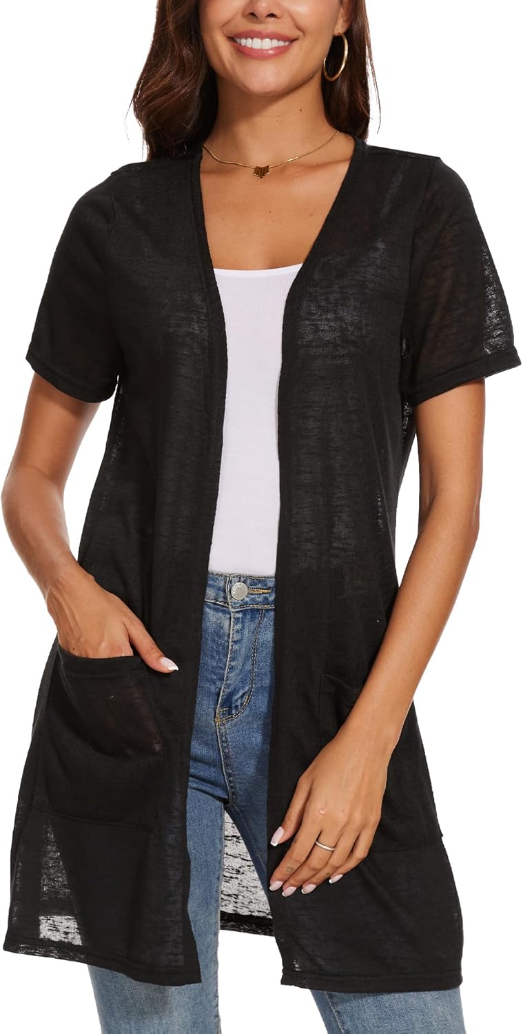 Spicy Sandia Women's Short Sleeve Sheer Cardigans for Summer Lightweight Open Front with Pockets Black L - Image 3