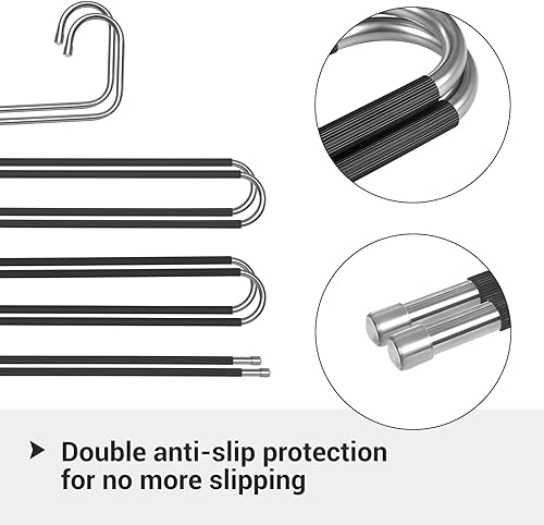 Miniatura 9 de SONGMICS Paquete de 50 perchas y juego de 4 perchas para jeans organizadores de pantalones en forma de S perchas ganchos de 5 niveles