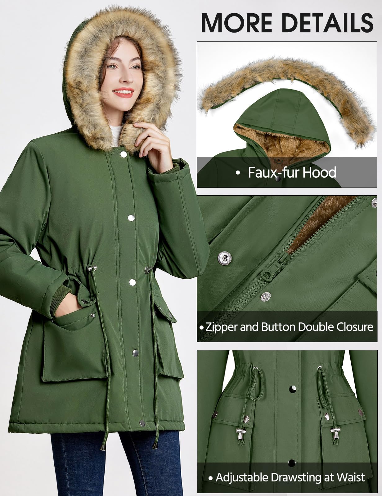 Xnova Abrigos Parka Mujer Invierno de Forro Polar Chaquetas Impermeable Largo Chaquetones Termica de Cremallera con Capucha de Pelo Sintetico Cazadora Cálido Gruesa