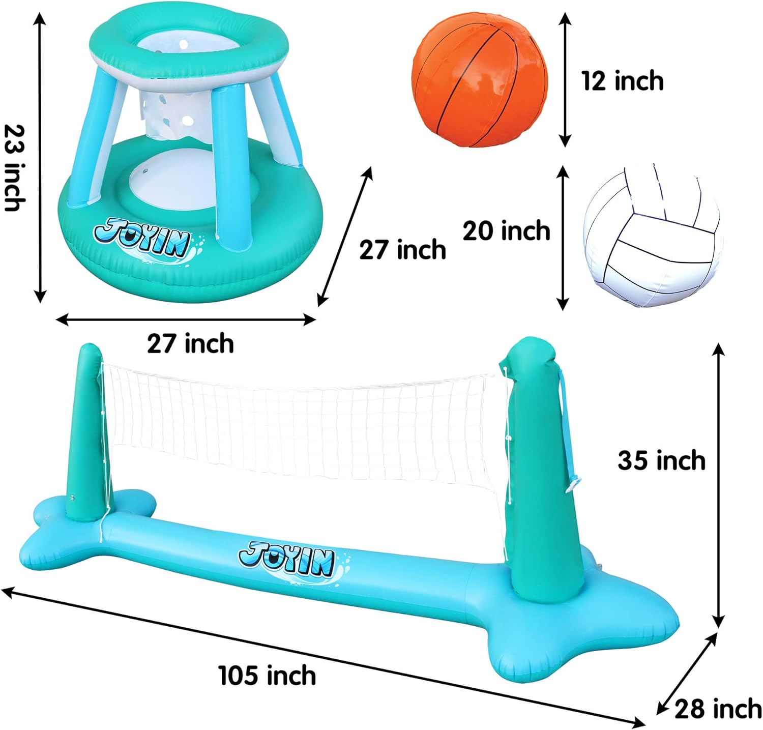 Inflatable Pool Float Set Volleyball Net & Basketball Hoops Balls for Kids and Adults Swimming Game Toy, Floating, Summer Floaties, Pool Party, Volleyball Court (105”x28”x35”) Basketball (27”x23”x27”) : Toys & Games