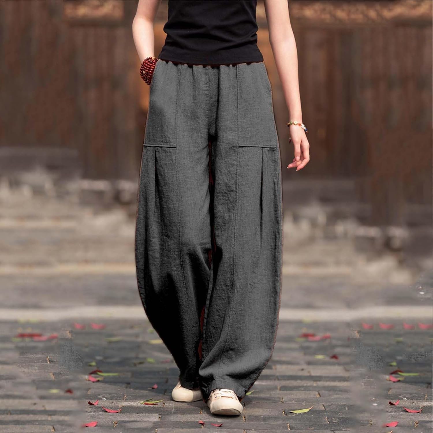 Linen Pants Women Wide Leg Palazzo Pants Flowy Elastic Waist Cotton Pant Summer Beach Casual Trousers with Pockets