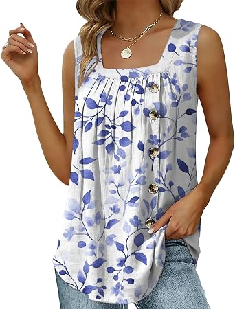Womens Summer Tank Tops Casual Square Neck Sleeveless Blouses Side Button Pleated Flowy Tunic Tops