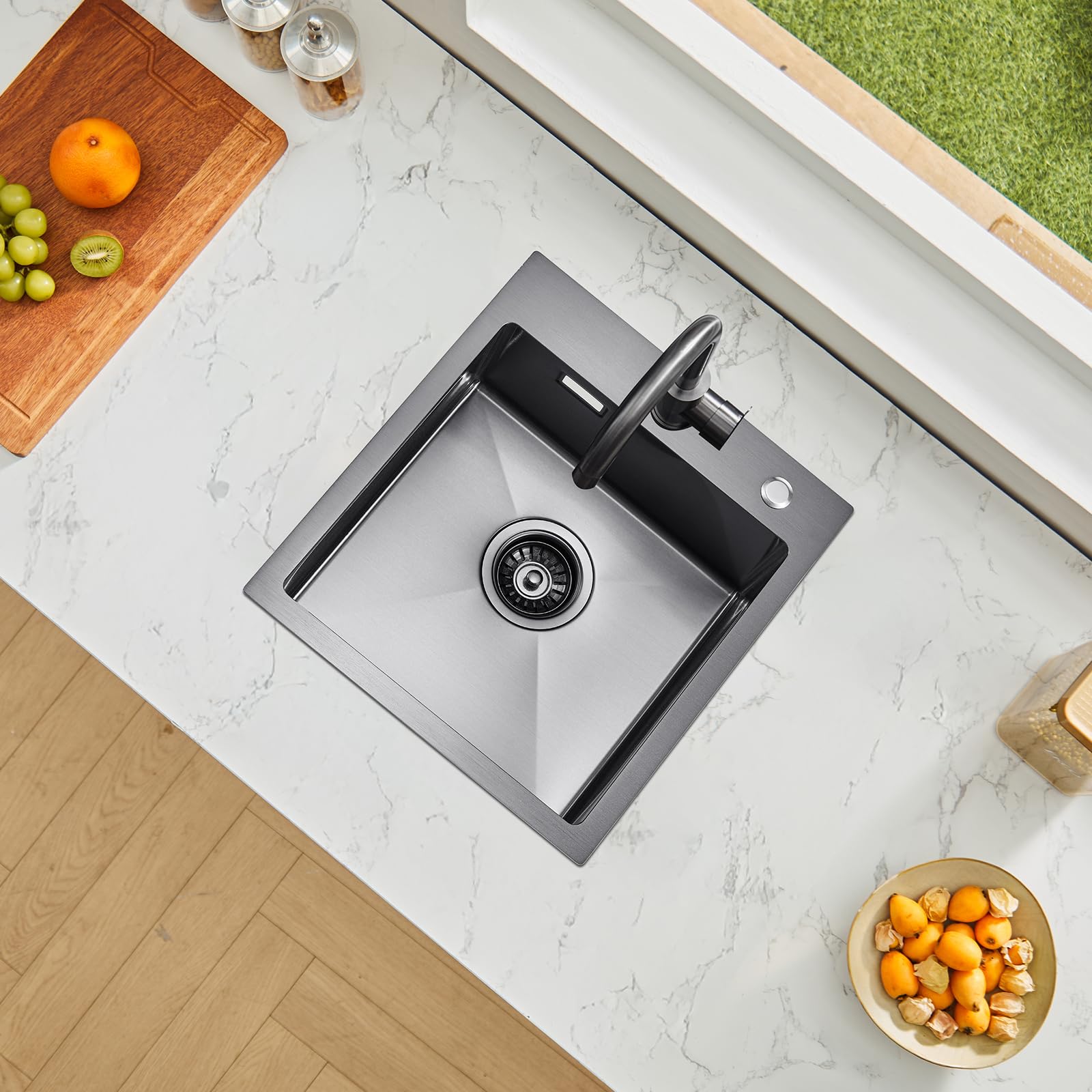 VEVOR Lavello da Cucina da 40 cm Lavello da Cucina in Acciaio Inossidabile 304 con Montaggio dall'Alto, Lavello Singolo da Incasso in Stile Country con Accessori, Lavello Domestico per Camper, Nero