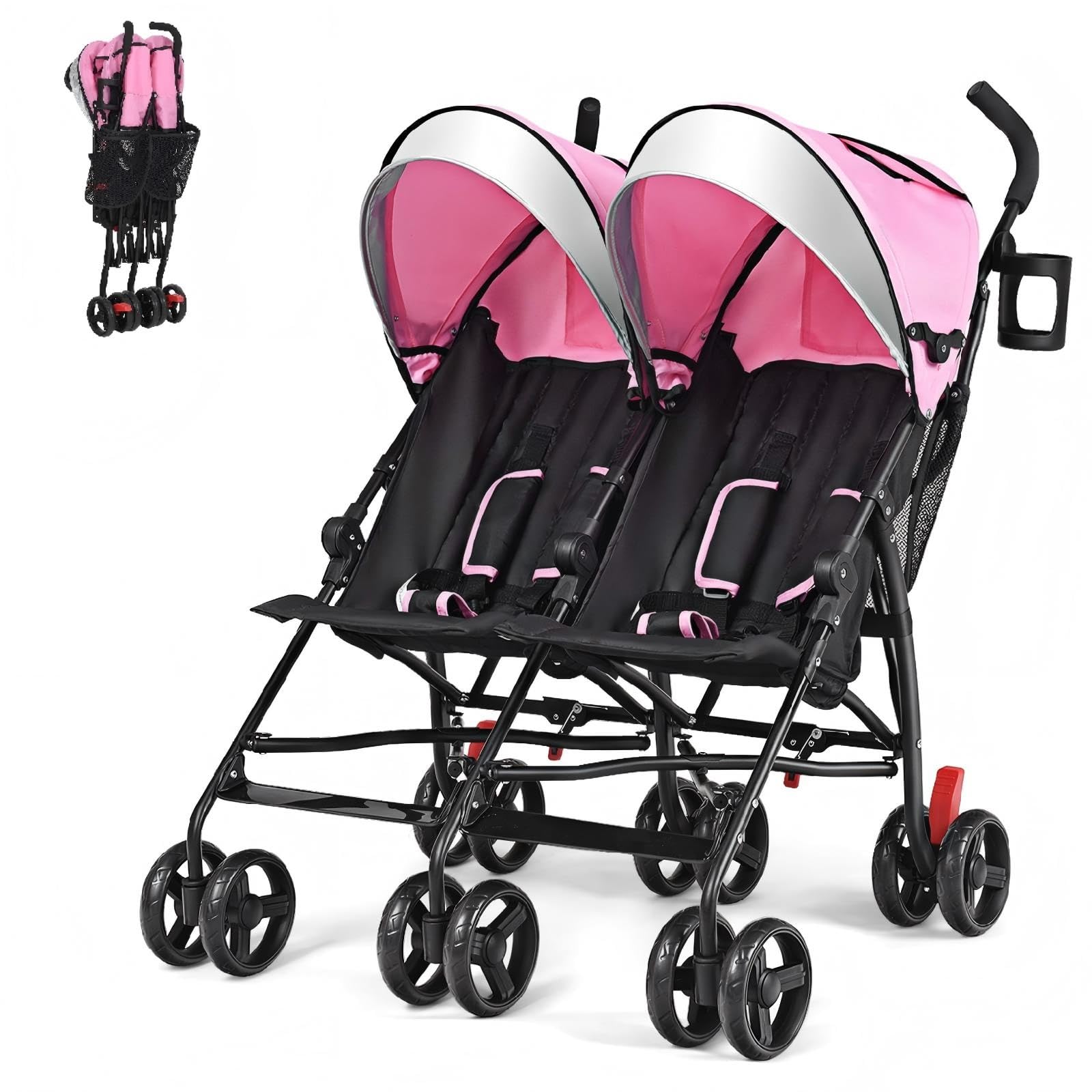 HONEY JOY Double Umbrella Stroller, Side by Side Infant Lightweight Stroller, Quick Fold Compact for Travel, Cup Holder, Storage Bag, Folding Twin