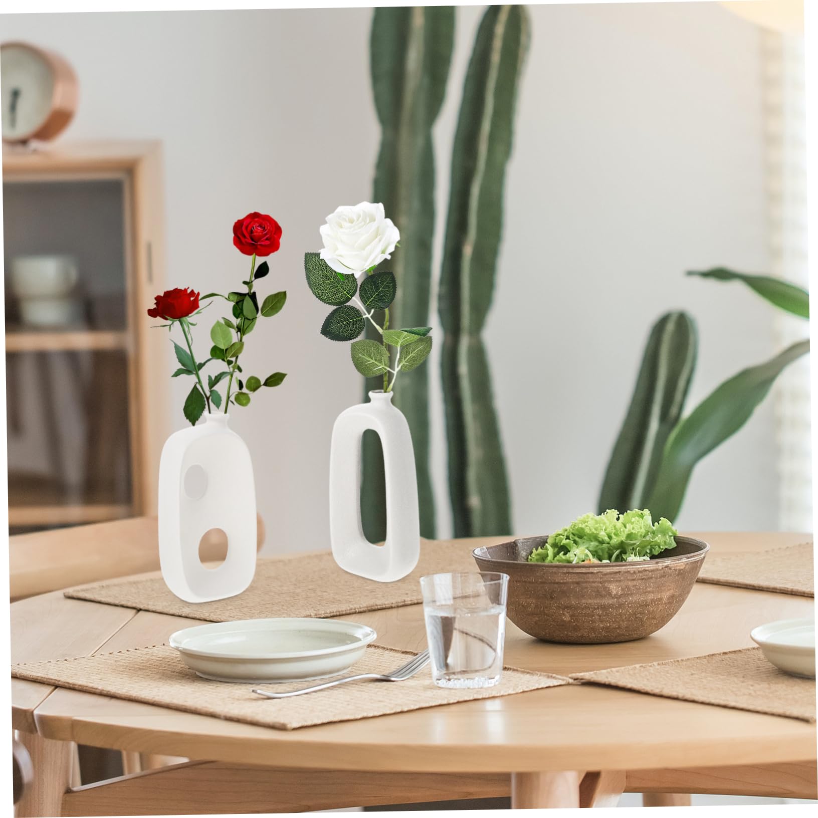Jarrón de Cerámica Pequeño de Forma Especial Blanco 2 Piezas | Acabado Mate, Resistente al Desgaste y Finamente Procesado, para Flores y Plantas, Uso Hogar u Oficina
