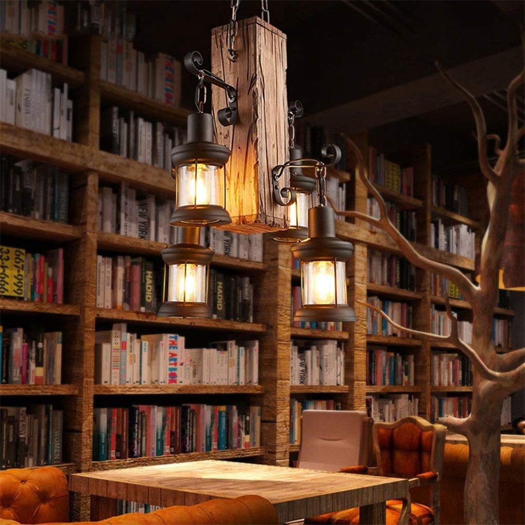 Pendellampe Vintage Industrielle Holz Kronleuchter 4 Kopf Retro Industrial Style Creative Disign Lampe Hängeleuchte Cafe Loft Metall Glas Dekorativer Kreativ Wohnzimmer Esszimmer Bar Cafe Hängelamp