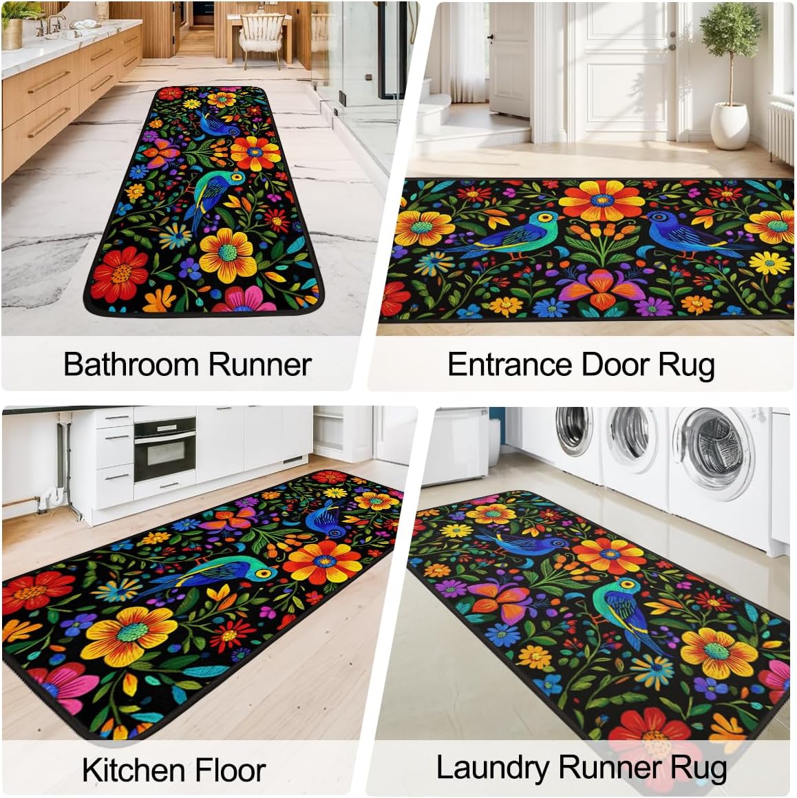 Mexican Floral Runner Rugs for Hallway, Washable Kitchen Rugs, 2'x 6' Decorative Non-Slip Black Rug, Artwork Rug for Bedrooms, Living Rooms, Laundry Rooms, Bathrooms, Homestay