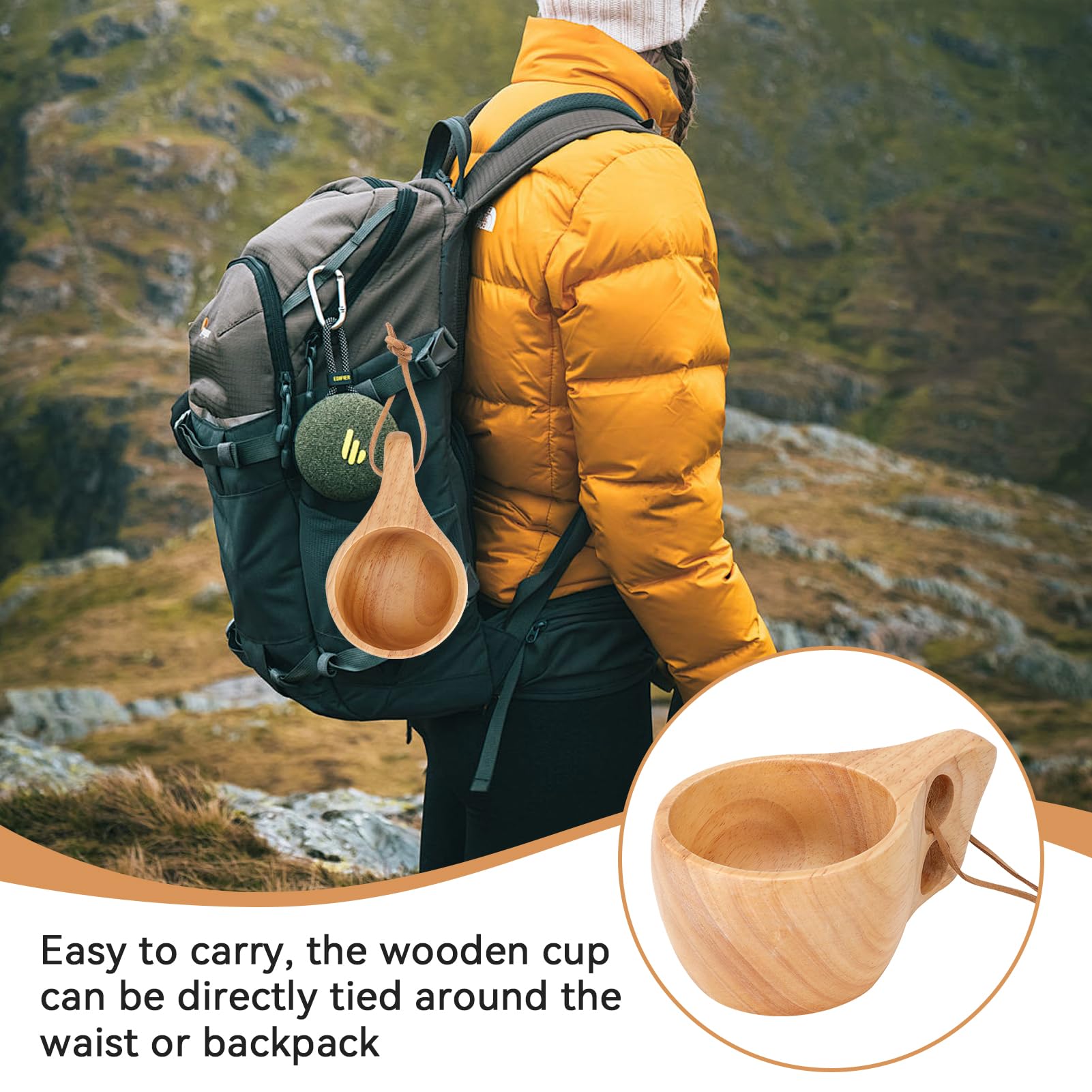 2pcs Wooden Camping Mug, Kuksa Wood Camp Mug with Leather Lanyard Nordic Style Wood Mug Drinking Cup Portable Hiking Tableware
