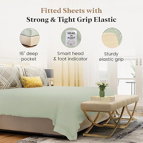 Miniatura 3 de Sábana bajera ajustable de 1000 hilos tamaño King color salvia con bolsillo profundo, solo sábana bajera de algodón egipcio, sábana bajera suave,