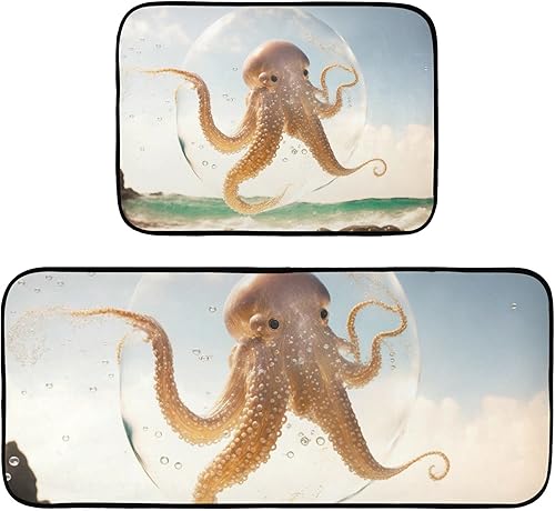 ZENWAWA Kitchen Mat Bubbles Octopus 2 Pcs Set Anti Fatigue Kitchen Rugs Cushioned Water Absorbant Non Slip Decorative Floor Mats for Kitchen Bedroom