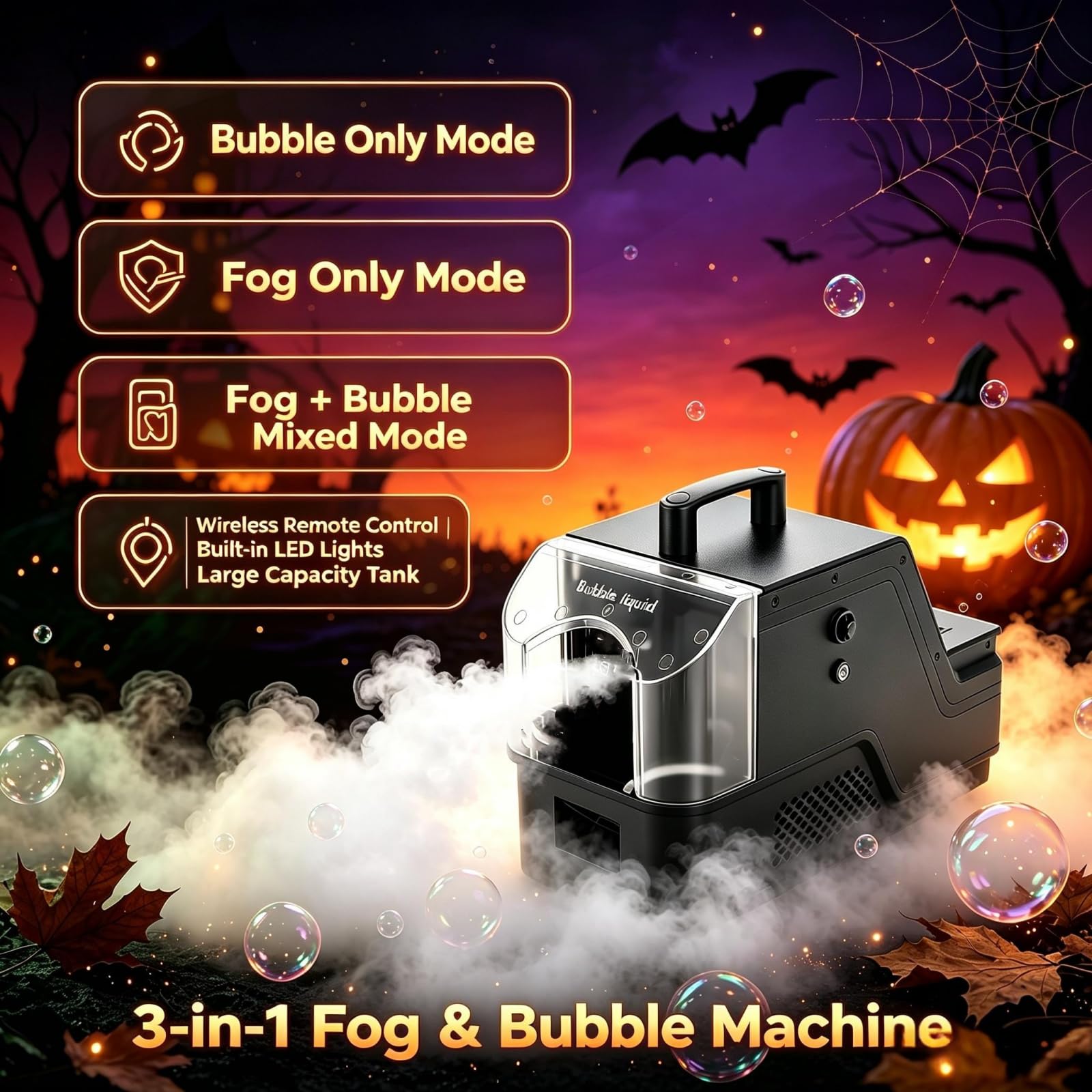 Machine à bulles de brouillard, machine combinée à bulles de fumée 3 en 1 avec lumière RVB