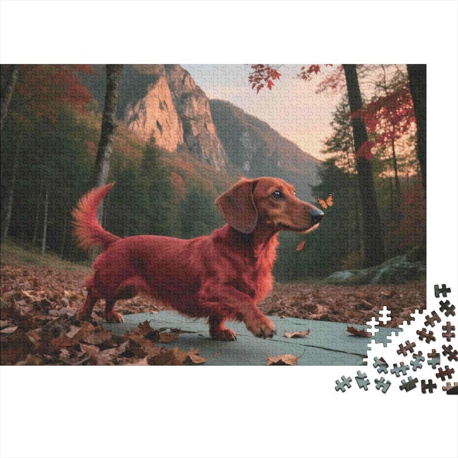 Red Dachshund Walking Jigsaw Puzzles Puzzles for Adults Kids. 1000 Pieces Whimsical Challenge Toy Educational Game Home Decoration for Adults& Kids Age 14 Years Up 70x50cm/1000pcs